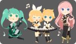  1boy 3girls aqua_eyes aqua_hair blonde_hair blue_eyes blush_stickers boots chibi commentary cross-laced_footwear detached_sleeves eyelashes guitar hair_ornament hair_ribbon hairband hairclip hatsune_miku instrument kagamine_len kagamine_rin keyboard knee_boots lace-up_boots long_hair looking_at_another megurine_luka multiple_girls musical_note navel open_mouth pink_hair pleated_skirt ribbon rina_(rinatan) shorts skirt smile standing tattoo thigh-highs twintails violin vocaloid zettai_ryouiki 