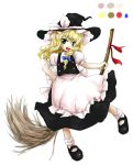  &gt;:d 1girl :d apron blush bobby_socks broom broom_ribbon broom_riding dress hand_on_hip hat huyusilver kirisame_marisa mary_janes oota_jun&#039;ya_(style) open_mouth pigeon-toed shoes smile socks solo touhou vest waist_apron wavy_hair witch_hat 