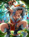  1girl animal_ears animal_tail artist_request black_hair boots breasts crouching fang green_eyes hair_band hair_ornament idolmaster idolmaster_cinderella_girls jewelry large_breasts low_angle mukai_takumi official_art squatting tail_ring torn_clothes vest 