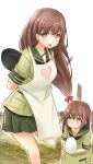  2girls :o absurdres apron arm_behind_back blush brown_eyes brown_hair egg frying_pan heart highres if_they_mated kantai_collection leg_up long_hair looking_at_viewer mother_and_daughter multiple_girls ooi_(kantai_collection) saku_(kudrove) school_uniform serafuku solo standing_on_one_leg very_long_hair 