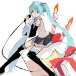  1girl :d aqua_eyes aqua_hair candle detached_sleeves food gift hatsune_miku in_food long_hair microphone necktie open_mouth sitting skirt smile solo thighhighs twintails very_long_hair vocaloid 