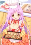  1girl breasts brown_eyes chef_hat cleavage cookie food hat katsuo large_breasts long_hair looking_at_viewer open_mouth original oven_mitts pink_hair raised_eyebrows smile 