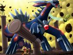  animal_ears bag blood cat_ears cat_tail chikorita darkrai dialga leaf meowth pillar pokemoa pokemon pokemon_(creature) pokemon_(game) pokemon_mystery_dungeon primal_dialga red_eyes rock rubble running satchel tail 