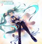  1girl 2014 7th_dragon 7th_dragon_2020 character_name closed_eyes dated green_hair happy_birthday hatsune_miku highres long_hair solo thigh-highs twintails very_long_hair vocaloid 