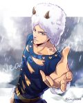  1boy clouds cloudy_sky fur_hat grey_eyes hat holiday-jin horns jojo_no_kimyou_na_bouken outstretched_hand rain sky solo weather_report 