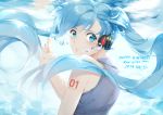  1girl blue_eyes blue_hair happy_birthday hatsune_miku headphones long_hair satsuma twintails underwater vocaloid 