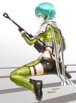  1girl anti-materiel_rifle aqua_eyes aqua_hair black_gloves cropped_jacket fingerless_gloves from_behind gloves gun hair_ornament hairclip kfr rifle scarf shinon_(sao) short_hair short_shorts shorts sitting sniper_rifle solo sword_art_online weapon 