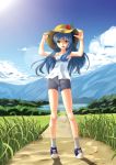  1girl :d bike_shorts blue_hair brown_eyes casual erusen_(des-arms) hands_on_headwear hat highres looking_at_viewer mountain open_mouth original shoes sky smile solo tagme 