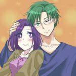  1boy 1girl couple fujimoto_kazuomi glasses green_eyes green_hair hetero hyokkori_kingyou long_hair morioka_moriko netojuu_no_susume purple_hair short_hair violet_eyes 