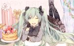  1girl 2014 chin_rest dated gift gloves green_eyes green_hair happy_birthday hatsune_miku long_hair lying manako_(manatera) on_stomach one_eye_closed open_mouth pantyhose paper_chain solo twintails very_long_hair vocaloid 