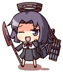  1girl ;d chibi kantai_collection kukku looking_at_viewer machinery mechanical_halo one_eye_closed open_mouth polearm purple_hair school_uniform short_hair smile solo spear tagme tatsuta_(kantai_collection) violet_eyes weapon 