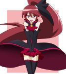  1girl :o atair black_gloves black_legwear blue_eyes blush covering cure_unlovely elbow_gloves embarrassed genderswap gloves hair_ribbon happinesscharge_precure! long_hair magical_girl phantom_(happinesscharge_precure!) pink_background ponytail precure red_skirt redhead ribbon skirt skirt_lift solo thighhighs 