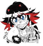 1girl bandaid black_hair blue_eyes breasts bruise cleavage daniel_j._luis face horns injury kill_la_kill letterman_jacket looking_at_viewer matoi_ryuuko middle_finger mouth_pull multicolored_hair redhead short_hair single_glove solo two-tone_hair 