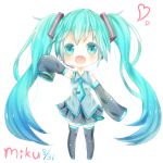  1girl aqua_eyes aqua_hair arm_up blush character_name chibi dated detached_sleeves hatsune_miku headset long_hair necktie open_mouth skirt sleeves_past_wrists solo thigh-highs twintails very_long_hair vocaloid white_background 