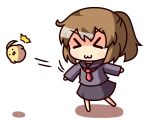  &gt;_&lt; 1girl :3 bird brown_eyes brown_hair chibi chick hiyoko_(kantai_collection) kantai_collection kukku looking_at_viewer ponytail rashinban_musume school_uniform serafuku solo tagme throwing x3 