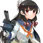  1girl aa_gun bangs black_hair blouse blunt_bangs cannon gloves isokaze_(kantai_collection) itomugi-kun kantai_collection long_hair long_sleeves red_eyes ribbon school_uniform serafuku solo very_long_hair white_gloves 