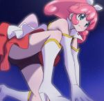 1girl aqua_eyes boots cure_mirage elbow_gloves gloves happinesscharge_precure! haruyama_kazunori kneeling magical_girl pink_hair precure queen_mirage red_skirt short_hair skirt solo white_gloves 