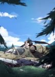  1girl brown_hair crash dog helicopter highres long_hair original solo 