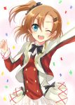  1girl arm_up blue_eyes blush brown_hair dress earrings hair_ornament hairclip harimoji jacket jewelry kousaka_honoka looking_at_viewer love_live!_school_idol_project open_mouth short_hair side_ponytail smile wink 