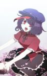  1girl aoi_(annbi) beret hat highres jiangshi miyako_yoshika ofuda open_mouth outstretched_arms petals purple_hair red_eyes saliva short_hair short_sleeves sitting solo tongue tongue_out touhou zombie_pose 