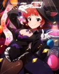  1girl bowtie breasts card confetti gloves happy_new_year hat idolmaster idolmaster_million_live! looking_at_viewer new_year nonohara_akane official_art pantyhose playing_card red_eyes redhead short_hair solo top_hat translated white_gloves 