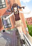  1girl ahoge balancing bobby_socks brown_eyes brown_hair dutch_angle hair_ornament hair_ribbon hairclip halodark highres kneeling loafers long_hair looking_at_viewer original outstretched_arms ribbon rooftop school school_uniform shadow shoes skirt smile socks solo sweater_vest twintails white_legwear 