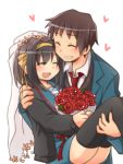  1boy 1girl bouquet bridal_veil brown_hair cardigan carrying closed_eyes couple flower kyon princess_carry rose school_uniform serafuku short_hair suzumiya_haruhi suzumiya_haruhi_no_yuuutsu taiki_(6240taiki) thigh-highs veil 