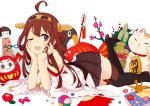  1girl ;d ahoge black_legwear daruma_doll detached_sleeves failure_penguin fan folding_fan hairband kantai_collection kise_(swimmt) kongou_(kantai_collection) looking_at_viewer lying maneki-neko nontraditional_miko on_stomach one_eye_closed open_mouth paper_crane pleated_skirt skirt smile solo tagme thigh-highs translation_request zettai_ryouiki 