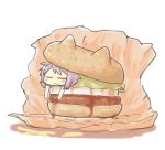  1girl :3 animal_ears blush_stickers cat_ears closed_eyes food hamburger inishie kantai_collection ketchup lettuce lying purple_hair short_hair solo tama_(kantai_collection) wrapper 