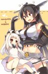  2girls ahoge anklet armpits barefoot black_hair fingerless_gloves gloves hairband horns jewelry kantai_collection long_hair midriff mishima_kurone mittens mound_of_venus multiple_girls nagato_(kantai_collection) navel northern_ocean_hime open_mouth panties red_eyes shinkaisei-kan side-tie_panties sweatdrop thigh-highs underwear white_hair 