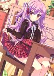  1girl brown_eyes chair desk long_hair looking_at_viewer original parted_lips plaid plaid_skirt pleated_skirt purple_hair shiramochi side_ponytail sitting skirt skirt_pull solo tagme 