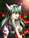  1girl breasts dress ex-keine flower green_dress green_hair hair_ornament hair_over_one_eye highres horn_bow horns kamishirasawa_keine large_breasts lips long_hair making_of parted_lips puffy_short_sleeves puffy_sleeves red_eyes samuimu short_sleeves solo touhou very_long_hair 