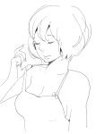  1girl bangs bare_shoulders breasts bust camisole cleavage closed_eyes fingernails monochrome original shimura_takako short_hair simple_background solo strap_lift white_background 