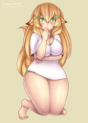  1girl animal_ears blonde_hair breasts cleavage cow_ears curvy fox_tail green_eyes green_panties highres iveo kneeling large_breasts long_hair original panties shirt solo tail thick_thighs thighs thinking underwear very_long_hair 