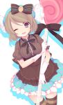  1girl ;d breasts brown_eyes brown_hair candy highres holding koizumi_hanayo lollipop looking_at_viewer love_live!_school_idol_project one_eye_closed open_mouth short_hair smile solo striped striped_legwear tedamarutarou thigh-highs zettai_ryouiki 