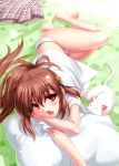  1girl ass bare_legs barefoot brown_hair cat highres little_busters!! long_hair lying natsume_rin on_side open_mouth panties ponytail red_eyes skirt skirt_removed solo tears underwear white_panties zen 