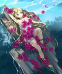 1girl bare_shoulders barefoot blonde_hair blue_eyes dress flower long_hair lying on_back original raft sleeveless solo water 