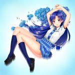 1girl arms_up blue_eyes blue_hair flower highres hinnu@ao idolmaster kisaragi_chihaya long_hair looking_at_viewer necktie open_mouth plaid rose solo 