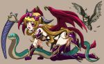 1girl :d animal armor bare_shoulders bikini_armor bird blonde_hair demon_girl demon_horns demon_tail demon_wings earrings fang full_body heart heart_earrings highres horn_ring horns jewelry junu lilith_(p&amp;d) long_hair looking_at_viewer open_mouth owl pink_eyes puzzle_&amp;_dragons scythe smile snake solo tail tiara very_long_hair weapon wings 