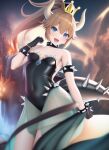 1girl ai-generated bare_shoulders black_dress black_leotard blonde_hair blue_eyes bowsette bracelet breasts collar covered_navel crown dress fangs fire gloves horns jewelry leotard long_ponytail looking_at_viewer new_super_mario_bros._u_deluxe non-web_source ponytail smile spiked_bracelet spiked_collar spikes strapless super_crown super_mario_bros. tail teeth