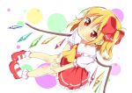  1girl blonde_hair bow dress fang flandre_scarlet hair_bow no_hat puffy_short_sleeves puffy_sleeves red_dress red_eyes shirt short_sleeves side_ponytail smile solo touhou wings yuimari 