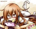  1girl alternate_costume brown_eyes brown_hair casual eating glasses holding kantai_collection long_hair lying mochizuki_(kantai_collection) muji_body_fitting_sofa nintendo_ds on_stomach playing_games potato_chips solo tagme tomoe_himuro 