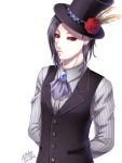  1boy achikoako arms_behind_back black_hair black_sclera dress_shirt flower formal hat hat_feather lip_piercing looking_at_viewer piercing red_eyes rose shirt signature solo tokyo_ghoul top_hat uta_(tokyo_ghoul) waistcoat white_background 