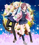  2girls :d blonde_hair blue_eyes blush brown_hair cardigan hair_ornament hairclip hana_n_fountainstand hanayamata japanese_clothes long_hair looking_at_viewer low_twintails multiple_girls naruko_(instrument) open_mouth plaid plaid_skirt red_eyes school_uniform sekiya_naru skirt smile twintails 