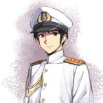  1boy admiral_(kantai_collection) aiguillette black_hair brown_eyes bust epaulettes hat kantai_collection looking_at_viewer masamuuu military military_uniform naval_uniform peaked_cap solo uniform 