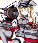  1girl anchor bare_shoulders bismarck_(kantai_collection) blonde_hair blue_eyes blush brown_gloves colored_pencil_(medium) detached_sleeves dress gloves grey_dress grey_legwear hat iroha_(nullpo) iron_cross kantai_collection long_hair looking_at_viewer machinery military military_hat military_uniform peaked_cap smile solo thigh-highs traditional_media uniform 