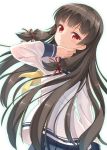  1girl adjusting_hair bust from_behind hyuuga_azuri isokaze_(kantai_collection) kantai_collection long_hair looking_back red_eyes school_uniform serafuku skirt smile solo very_long_hair 