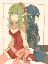  2girls aisutabetao blue_eyes blue_hair blush cape chiki dress fire_emblem fire_emblem:_kakusei fire_emblem:_mystery_of_the_emblem green_eyes green_hair hair_ornament hair_ribbon jewelry long_hair lucina multiple_girls older pink_dress pointy_ears ponytail red_dress ribbon short_dress smile strapless strapless_dress tiara 