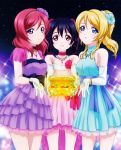  3girls absurdres ayase_eli black_hair blonde_hair blue_eyes choker dress elbow_gloves flower gloves hair_flower hair_ornament hair_ribbon highres jewelry legs love_live!_school_idol_project multiple_girls night nishikino_maki official_art red_eyes redhead ribbon sky star twintails violet_eyes yazawa_nico 