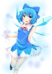  1girl :d adapted_costume alternate_costume arm_behind_back blue_eyes blue_hair bow cirno hair_bow hair_ribbon highres looking_at_viewer open_mouth ribbon short_hair sisterakuma smile solo standing_on_one_leg tagme touhou wings 